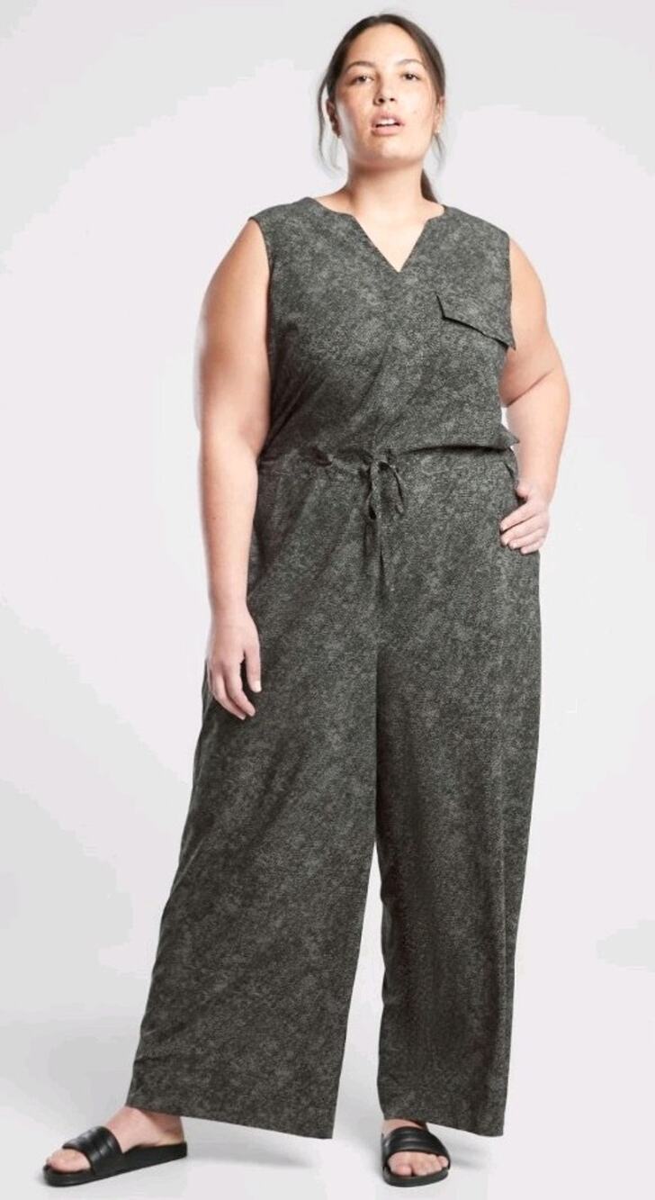 Athleta Topanga Printed Jumpsuit Black Gray Sleeveless Wide Leg Drawstring